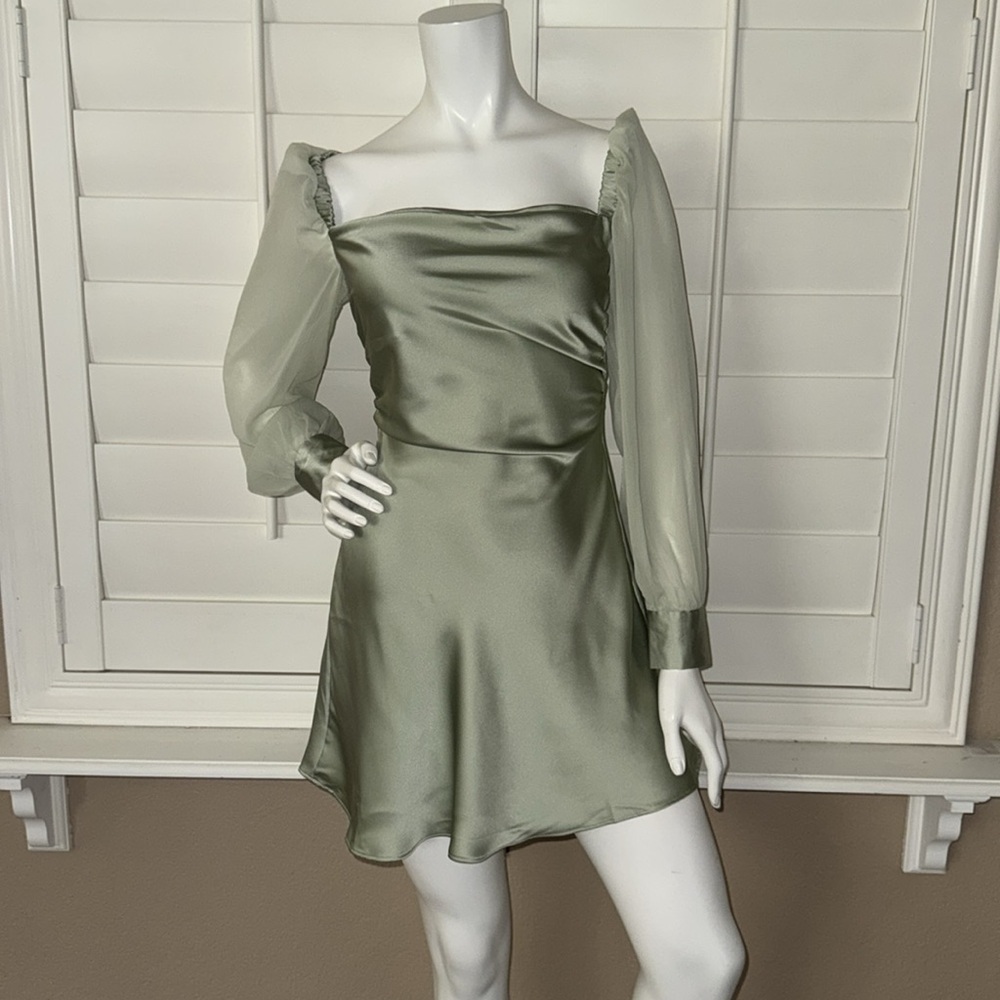 WeWoreWhat Cowl Neck Puff Sleeve Satin Dress Fog Green